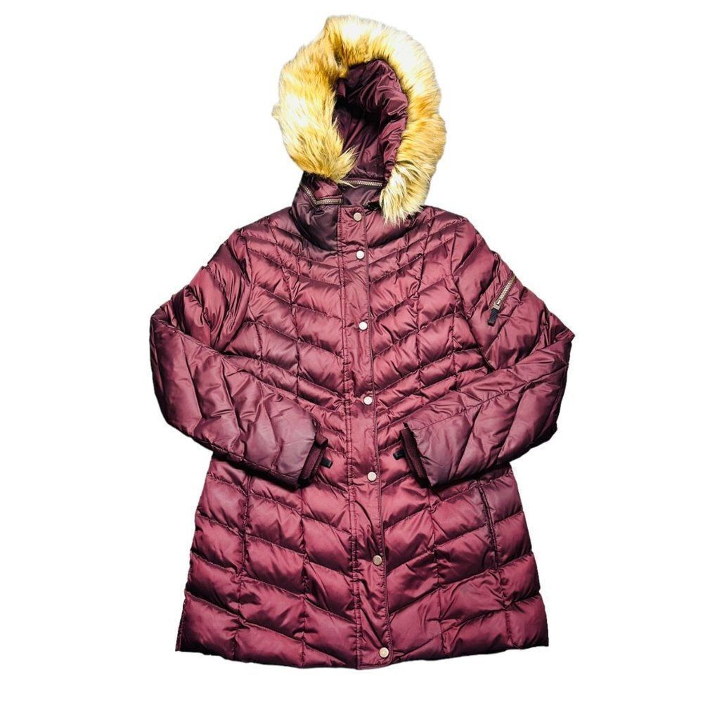 Johnston & Murphy Long Down Filled Puffer Coat with Fur‎ Burgundy Women's M